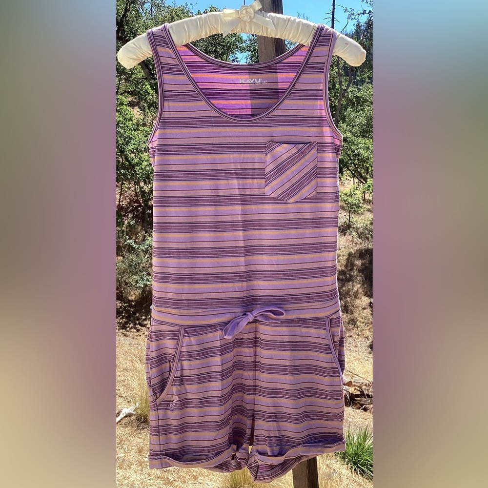 NWOT Kavu Striped Purple Gold Romper Sportswear Athleisure Athletic Boho Hippie